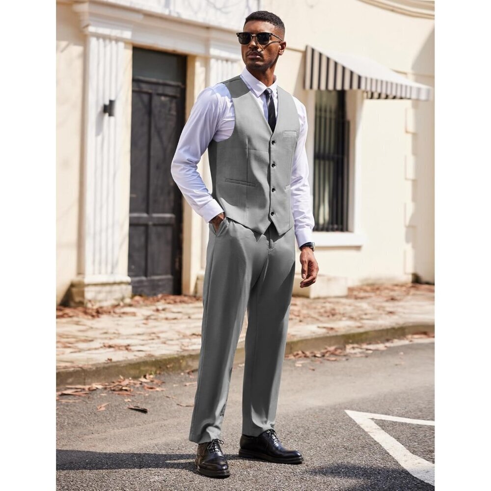 Men's Light Grey 3 Pieces Suits Classic Fit 2 Buttons Dress Wedding Business - Picture 4 of 7